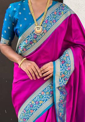Pink woven self design pure silk paithani saree with blouse 4