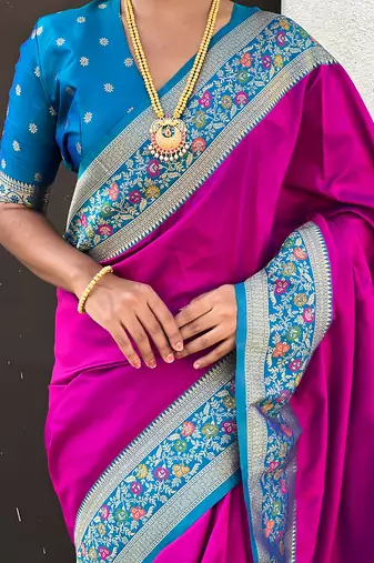 Pink woven self design pure silk paithani saree with blouse