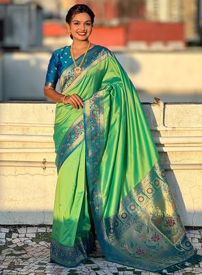Pista green woven self design pure silk paithani saree with blouse 1