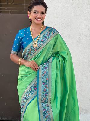 Pista green woven self design pure silk paithani saree with blouse 2