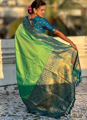 Pista green woven self design pure silk paithani saree with blouse 5