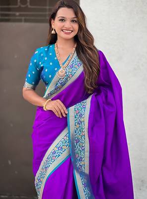 Purple woven self design pure silk paithani saree with blouse 2