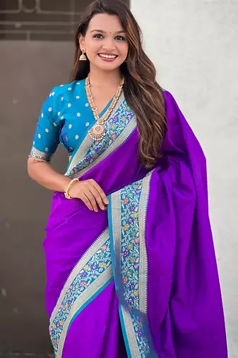 Purple woven self design pure silk paithani saree with blouse