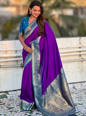 Purple woven self design pure silk paithani saree with blouse 3