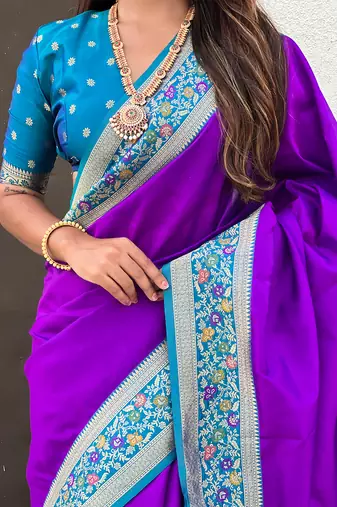 Purple woven self design pure silk paithani saree with blouse