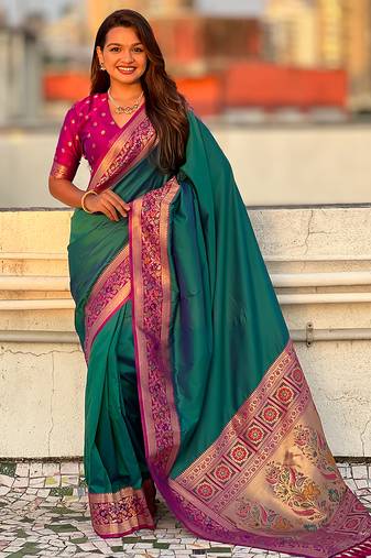 Teal green woven self design pure silk paithani saree with blouse