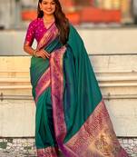 Teal green woven self design pure silk paithani saree with blouse