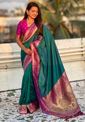 Teal green woven self design pure silk paithani saree with blouse 3
