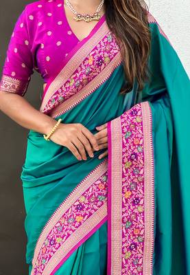 Teal green woven self design pure silk paithani saree with blouse 4