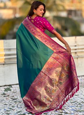Teal green woven self design pure silk paithani saree with blouse 5
