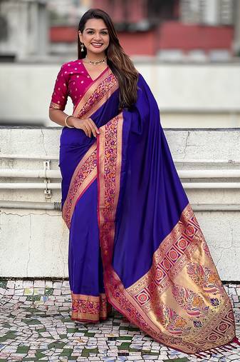 Violet woven self design pure silk paithani saree with blouse