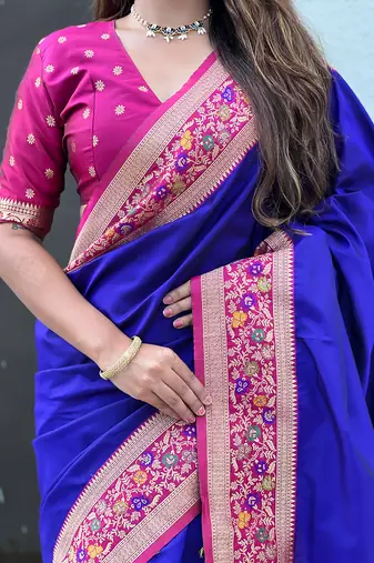 Violet woven self design pure silk paithani saree with blouse