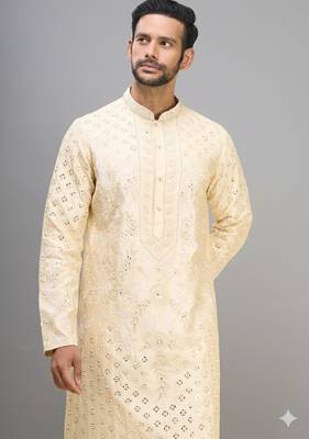 men’s yellow silk kurta pant set with intricate embroidery 2
