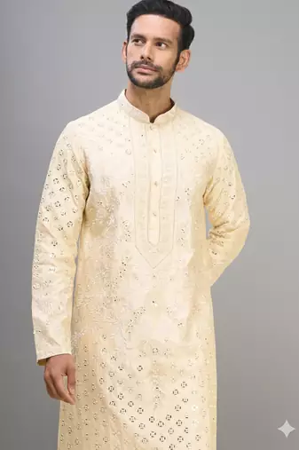 men’s yellow silk kurta pant set with intricate embroidery