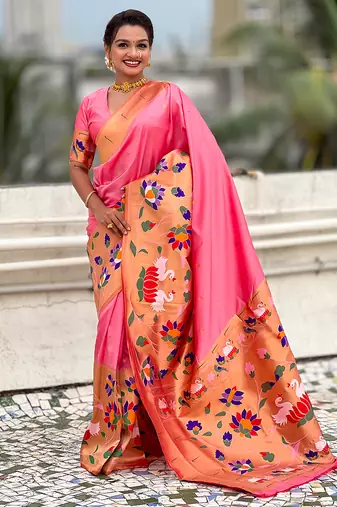 Baby pink woven self design pure silk paithani saree with blouse