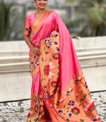 Baby pink woven self design pure silk paithani saree with blouse