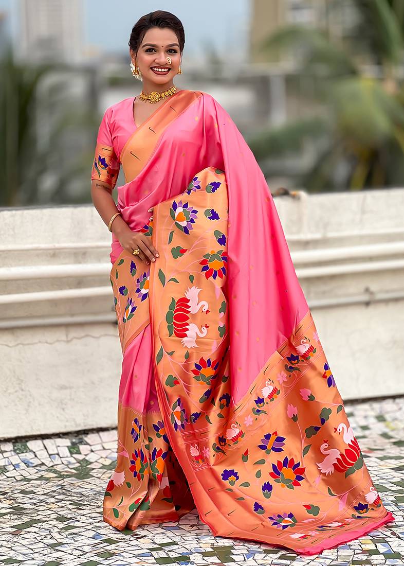 Baby pink woven self design pure silk paithani saree with blouse
