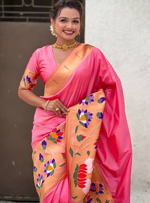Baby pink woven self design pure silk paithani saree with blouse 2
