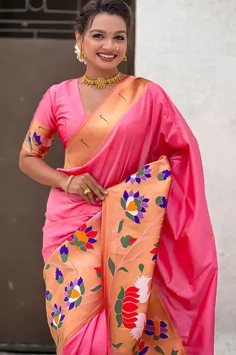 Baby pink woven self design pure silk paithani saree with blouse