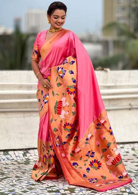 Baby pink woven self design pure silk paithani saree with blouse 3