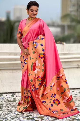 Baby pink woven self design pure silk paithani saree with blouse