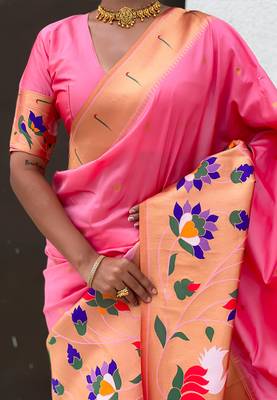 Baby pink woven self design pure silk paithani saree with blouse 4