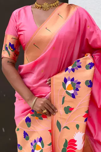 Baby pink woven self design pure silk paithani saree with blouse