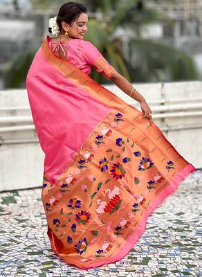 Baby pink woven self design pure silk paithani saree with blouse 5