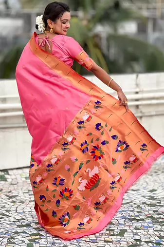 Baby pink woven self design pure silk paithani saree with blouse