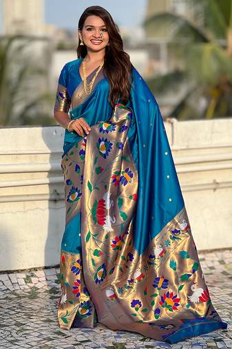 Blue woven self design pure silk paithani saree with blouse