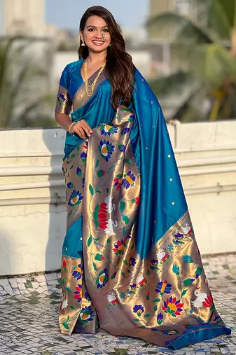 Blue woven self design pure silk paithani saree with blouse