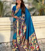 Blue woven self design pure silk paithani saree with blouse