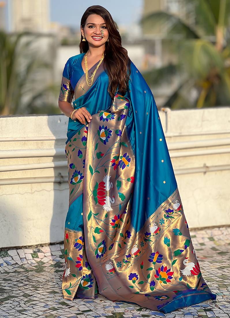 Blue woven self design pure silk paithani saree with blouse