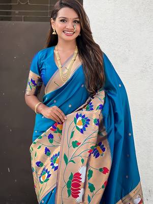 Blue woven self design pure silk paithani saree with blouse 2