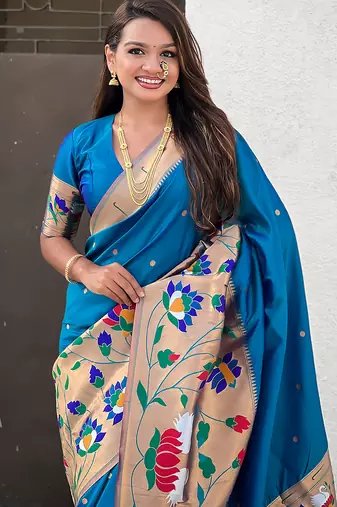 Blue woven self design pure silk paithani saree with blouse