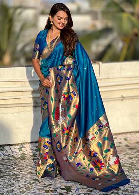 Blue woven self design pure silk paithani saree with blouse 3