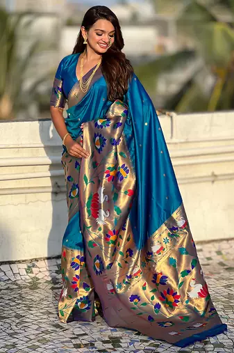 Blue woven self design pure silk paithani saree with blouse
