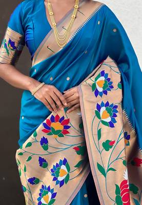 Blue woven self design pure silk paithani saree with blouse 4