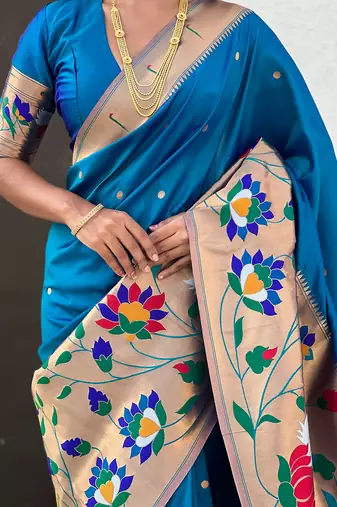 Blue woven self design pure silk paithani saree with blouse