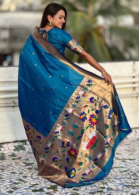 Blue woven self design pure silk paithani saree with blouse 5
