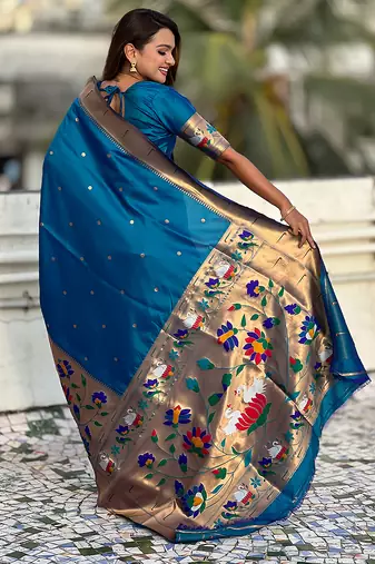 Blue woven self design pure silk paithani saree with blouse