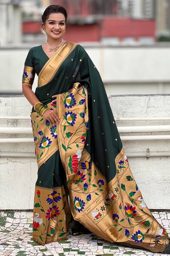 Dark green woven self design pure silk paithani saree with blouse
