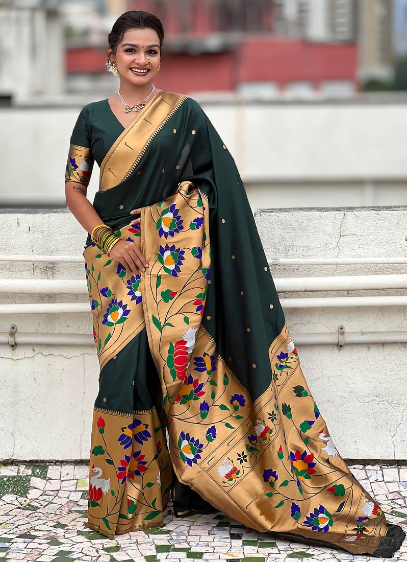 Dark green woven self design pure silk paithani saree with blouse