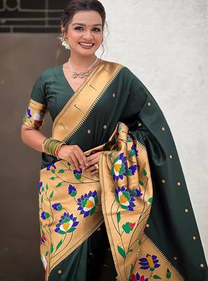 Dark green woven self design pure silk paithani saree with blouse 2