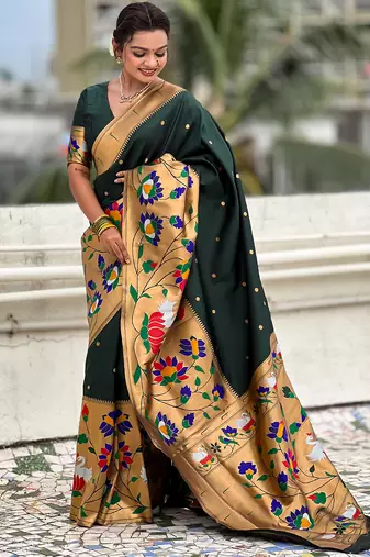 Dark green woven self design pure silk paithani saree with blouse