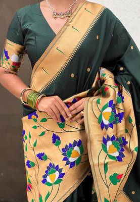 Dark green woven self design pure silk paithani saree with blouse 4