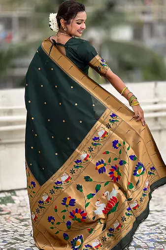 Dark green woven self design pure silk paithani saree with blouse