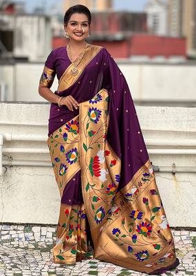 Dark purple woven self design pure silk paithani saree with blouse 1