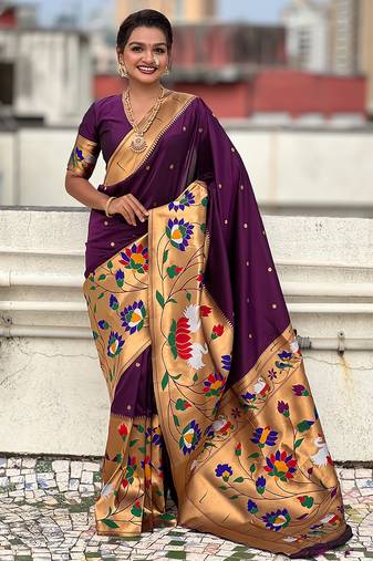 Dark purple woven self design pure silk paithani saree with blouse