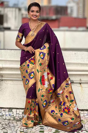 Dark purple woven self design pure silk paithani saree with blouse